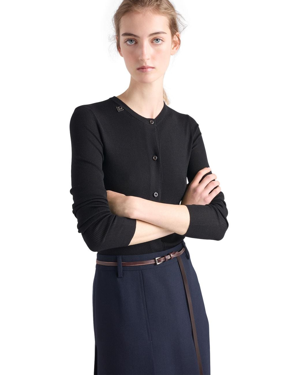 Prada Black Ribbed Knit Wool Cardigan