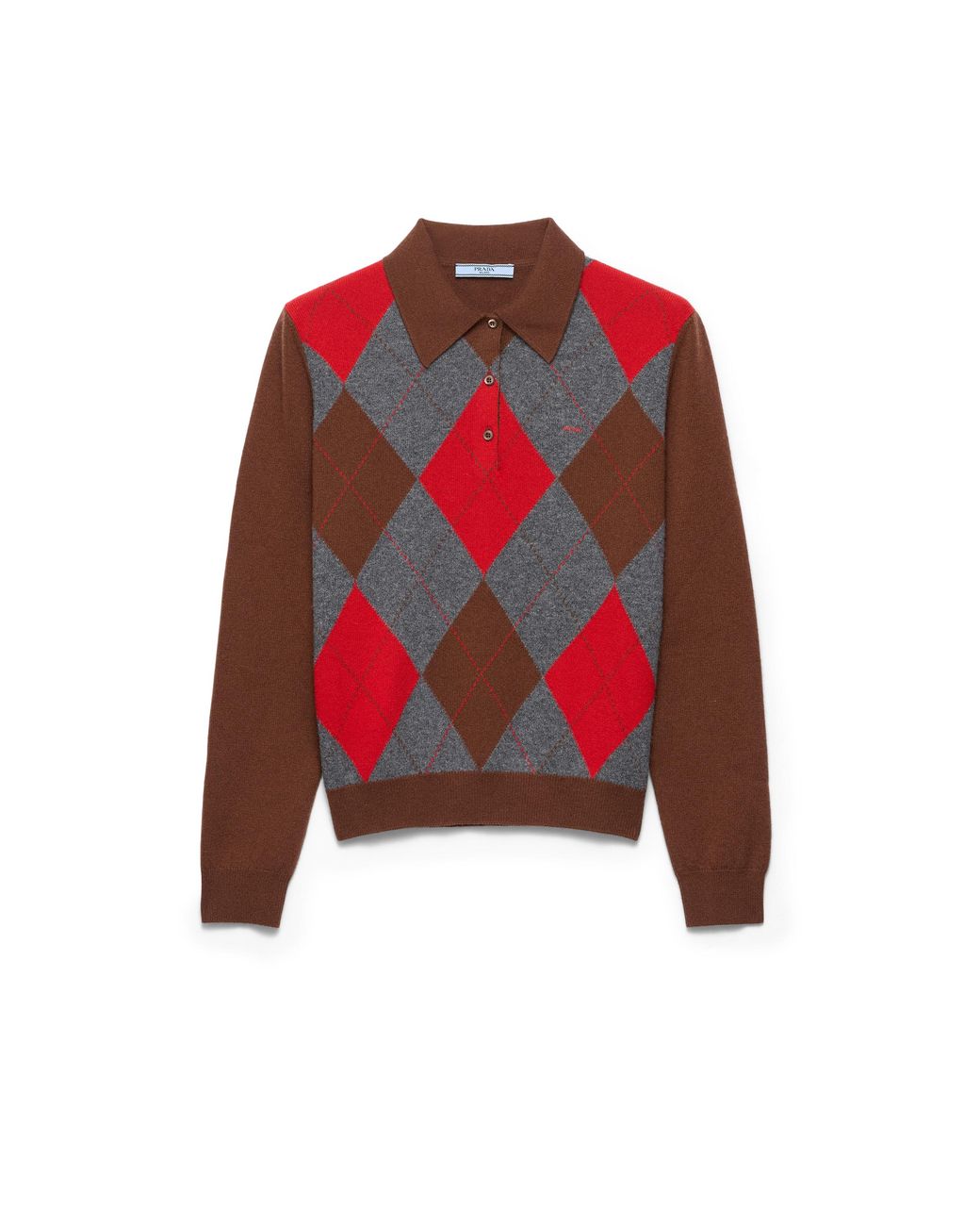 Prada Red Argyle Cashmere Polo Sweater, Tobacco/Slate