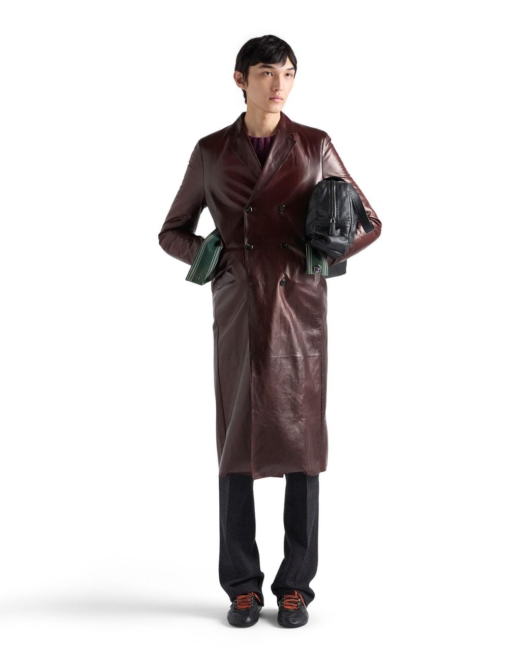 Prada Brown Double-Breasted Nappa Leather Coat for men