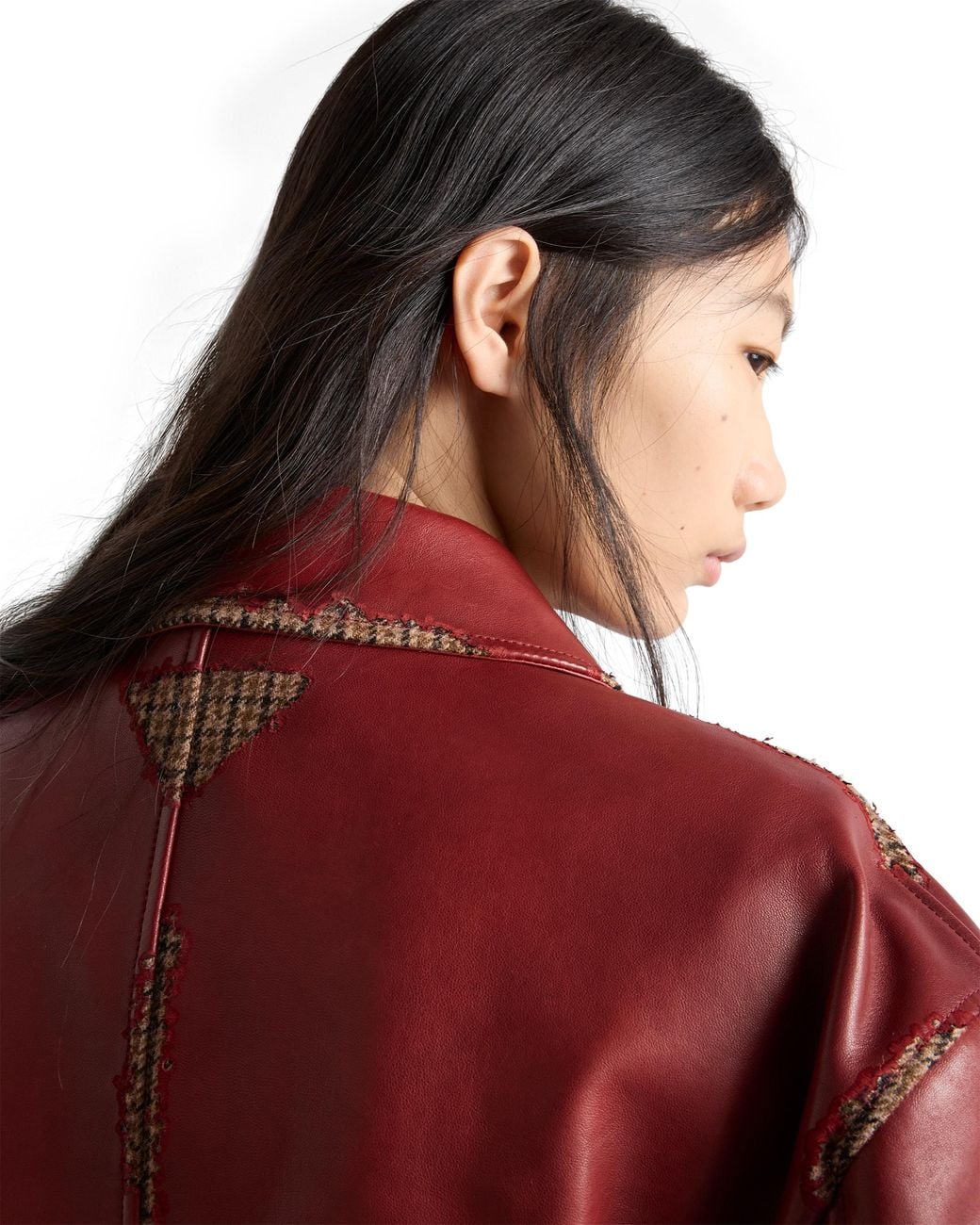 Prada Red Bonded Nappa Leather And Houndstooth Check Fabric Jacket, Ruby