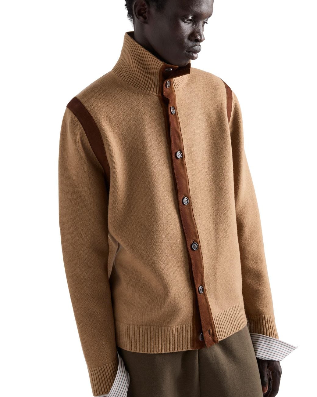 Prada Brown Wool Cardigan With Leather Appliqués for men