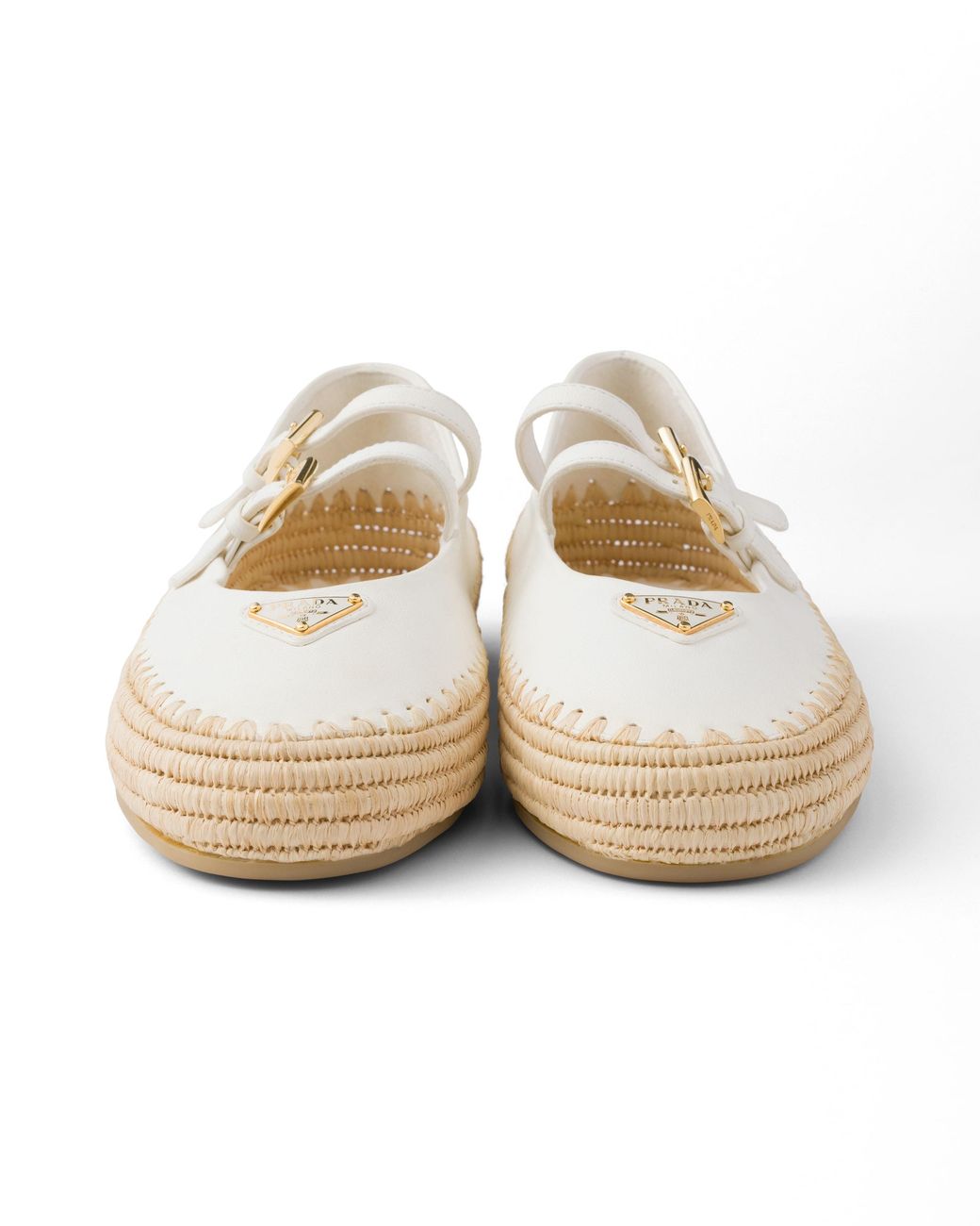 Prada White Logo Leather & Raffia Ballet Flat