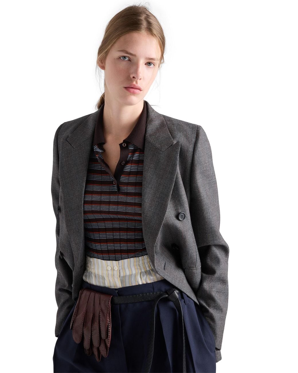 Prada Gray Double-Breasted Pinstriped Mouliné Wool Jacket