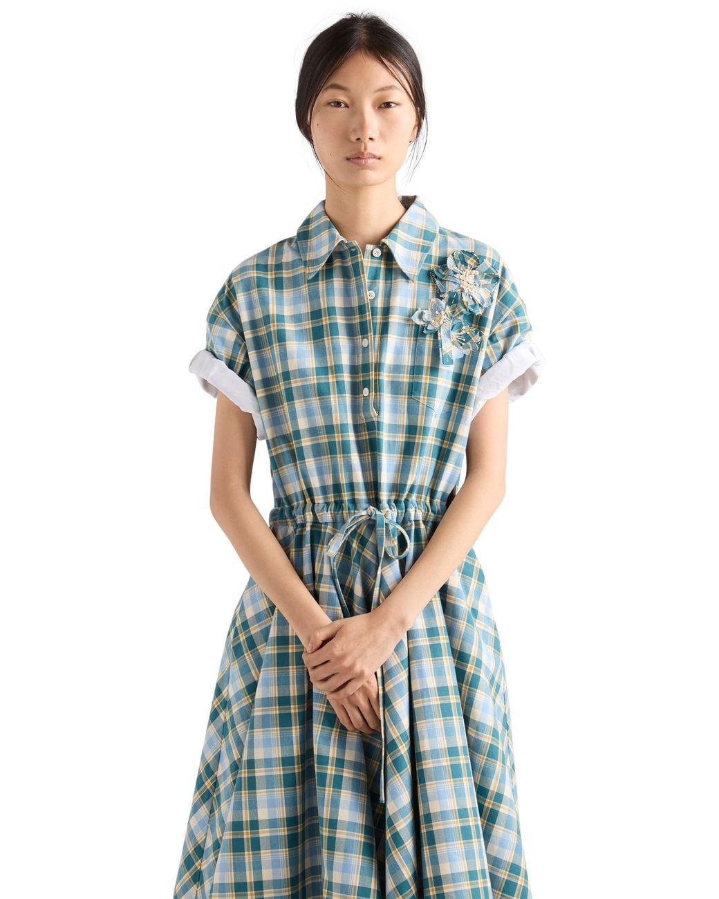 Prada Blue Embroidered Checked Cotton Dress, Natural