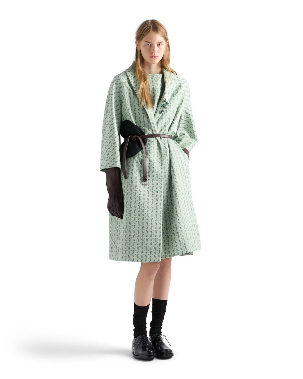 Prada Blue Single-Breasted Floral Jacquard Duchesse Coat