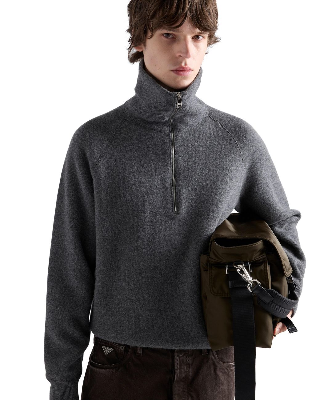 Prada Gray Wool And Cashmere Polo Sweater for men