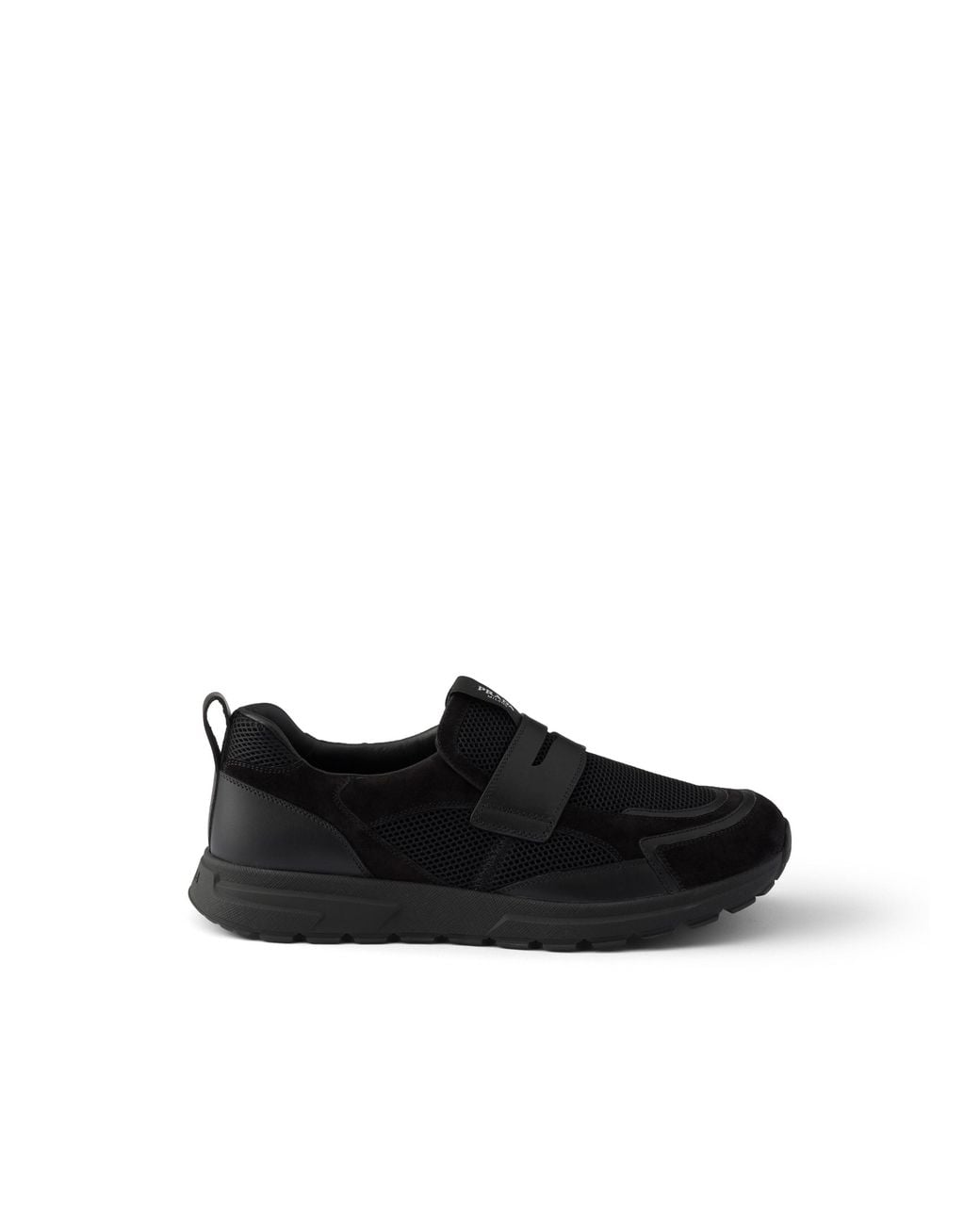 Prada Black Prax Mesh Fabric And Leather Loafers, Size 5,5 for men