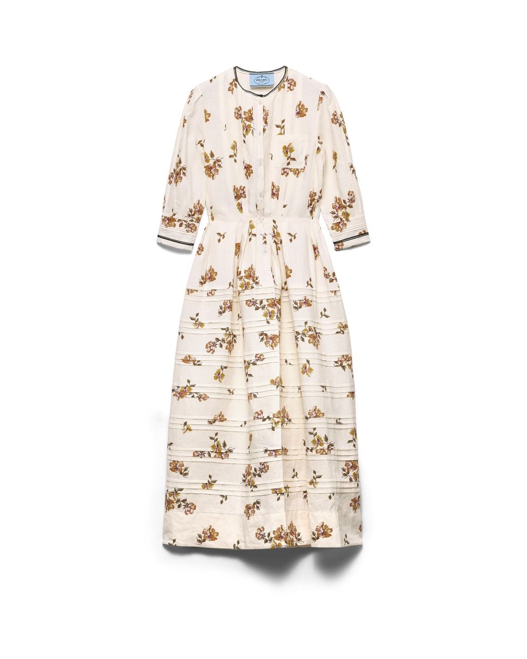 Prada White Long Printed Linen Dress, Tobacco