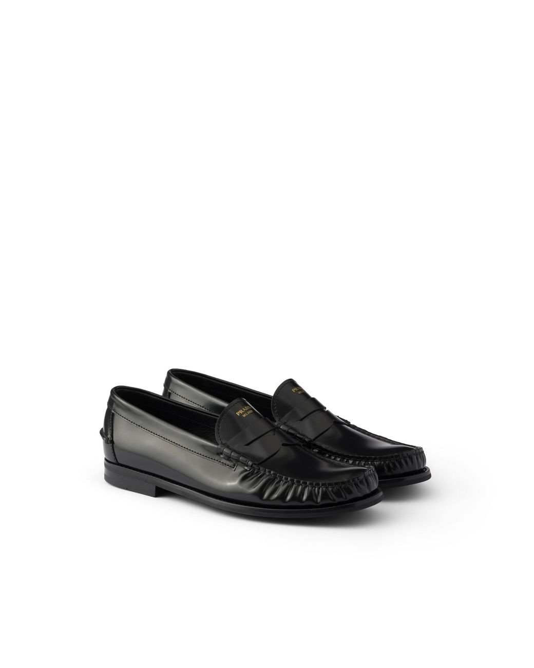Prada Black Leather Moc Toe Loafers for men