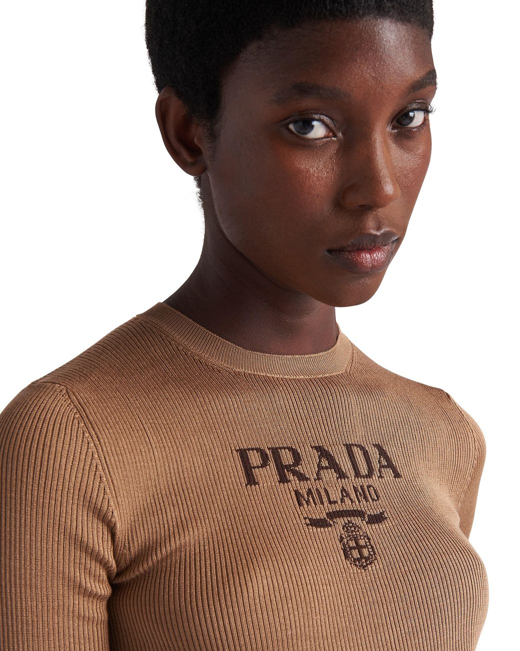 Jersey De Cuello Redondo En Seda Con Logo, Mujer, Talla Prada de color Natural