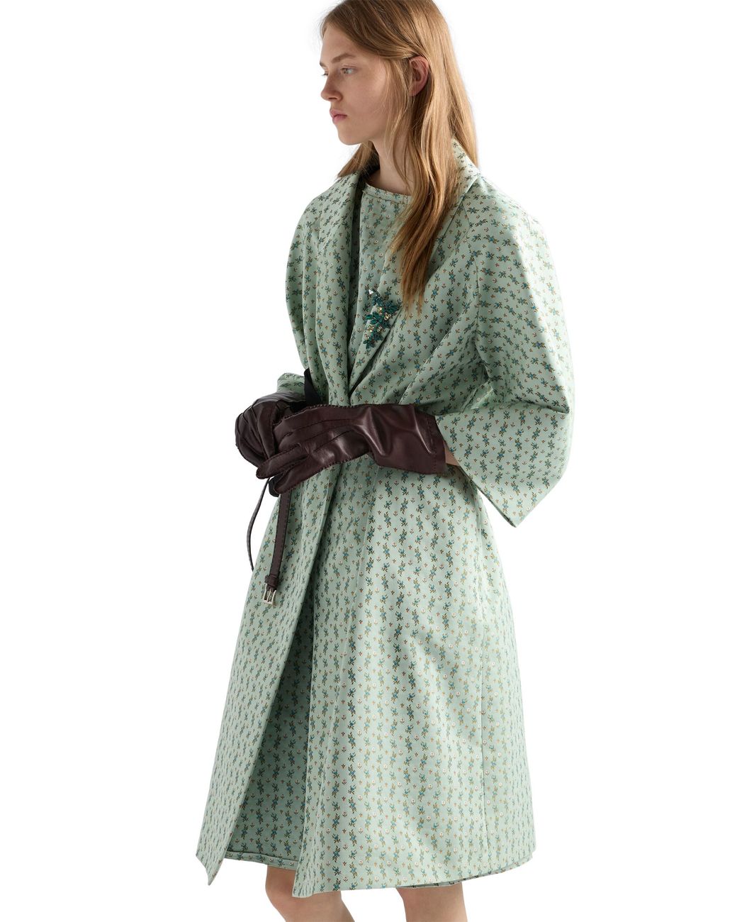 Prada Blue Single-Breasted Floral Jacquard Duchesse Coat