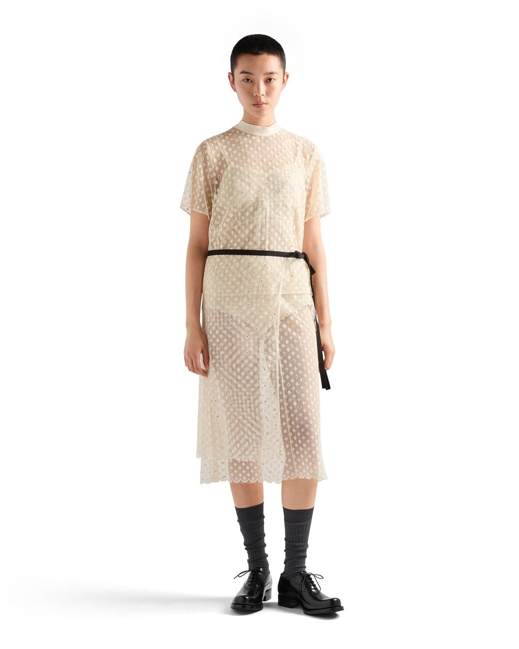 Prada White Embroidered Lace Top, Natural