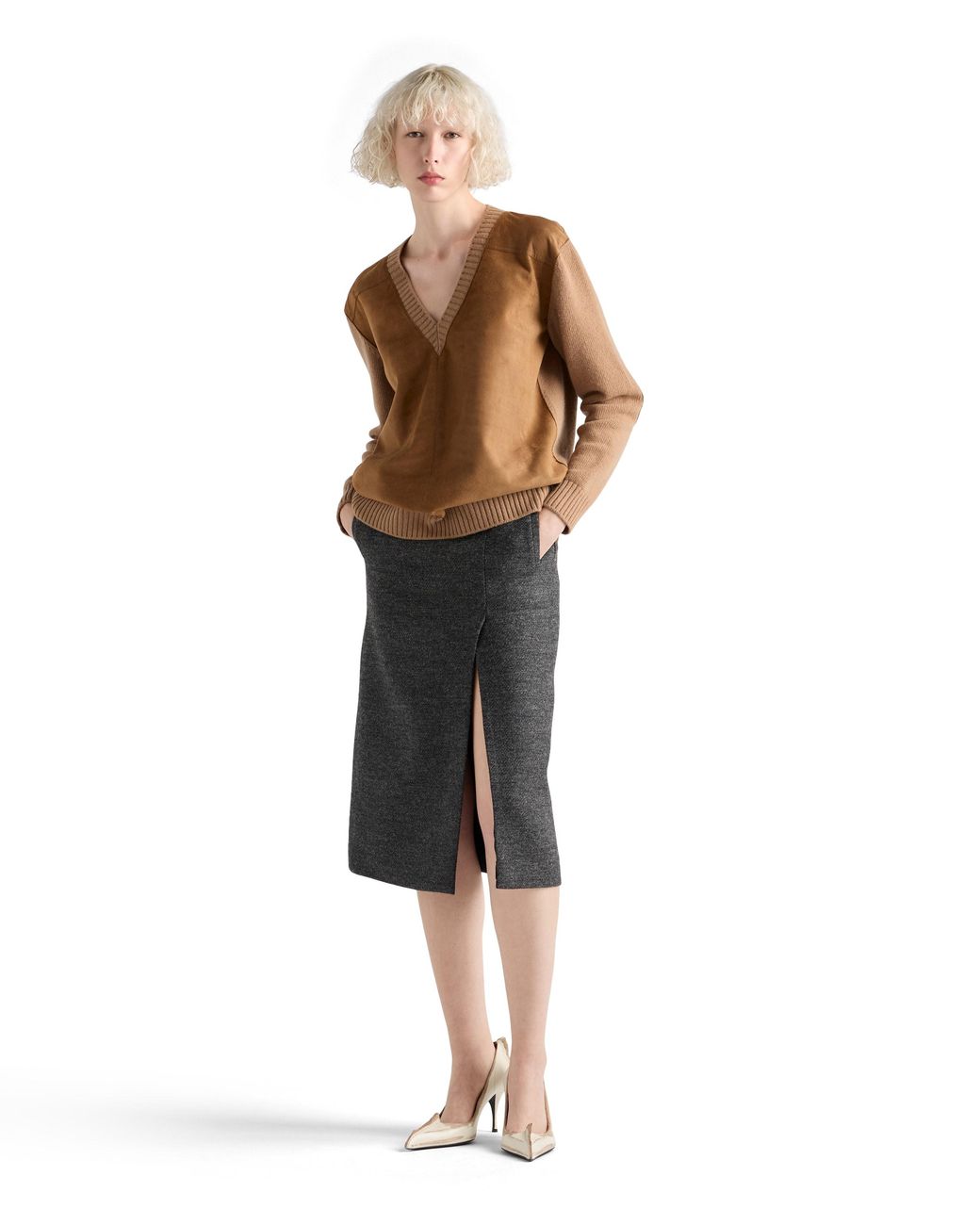 Prada Brown Cashmere, Wool And Suede Sweater
