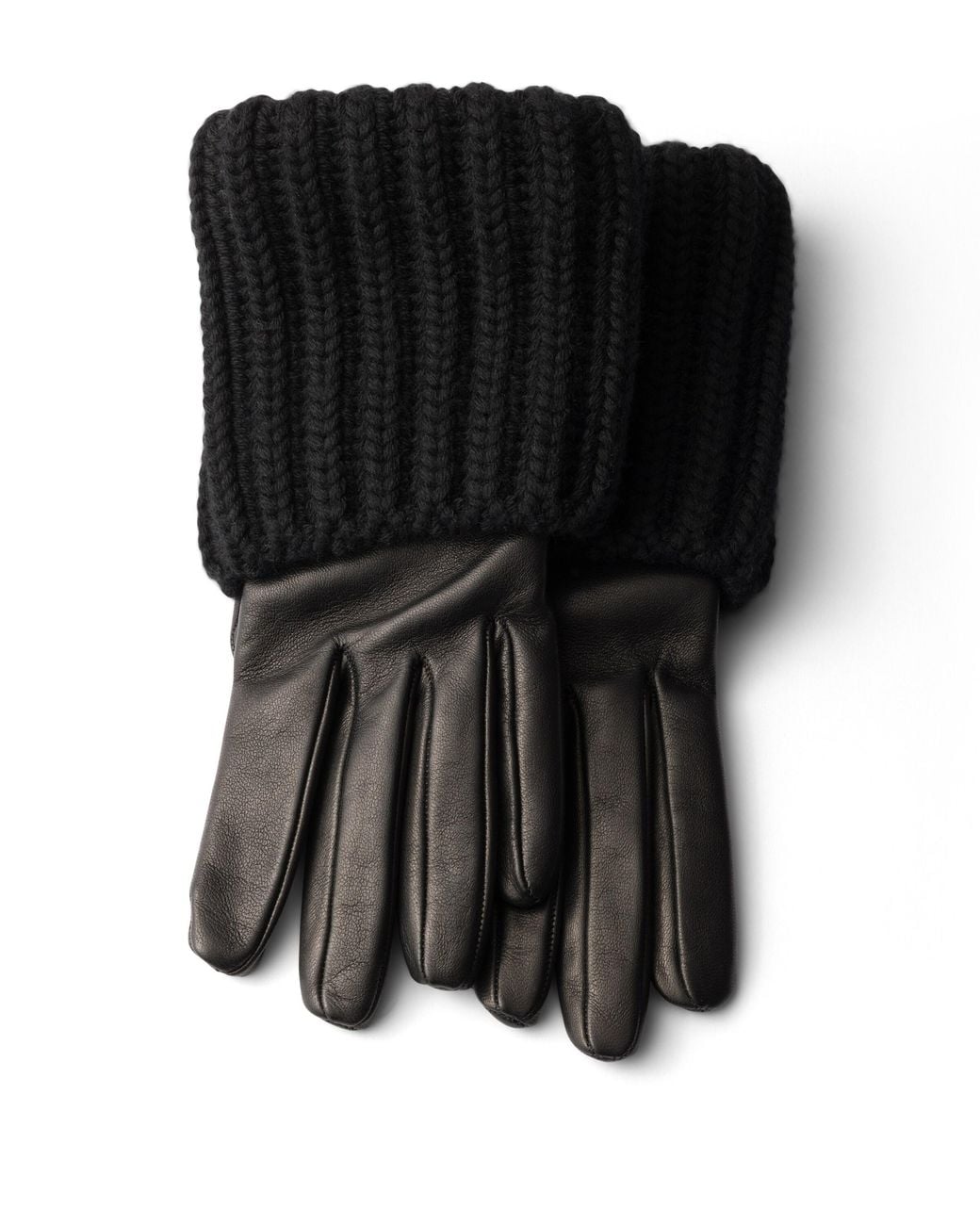Prada Black Nappa Leather And Knit Gloves, Size 6,5