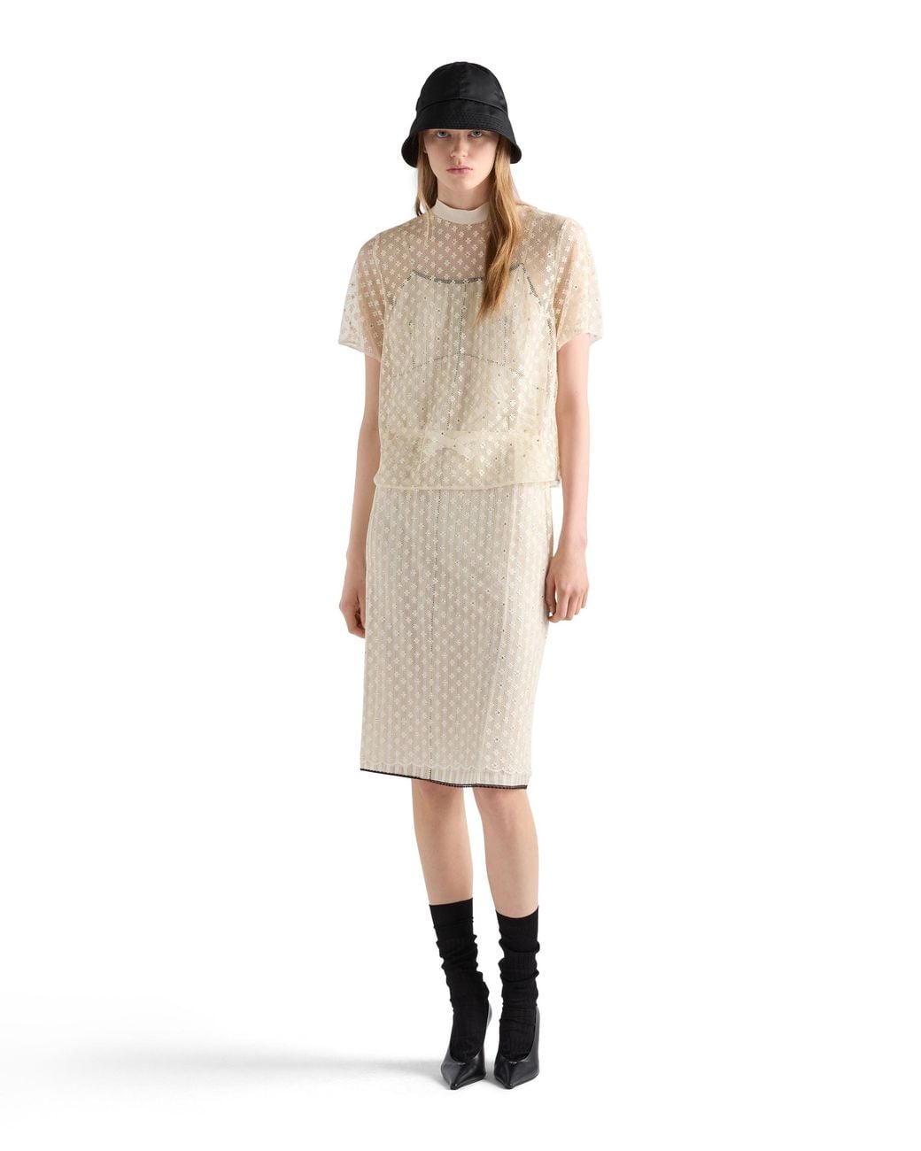 Prada White Embroidered Lace Skirt