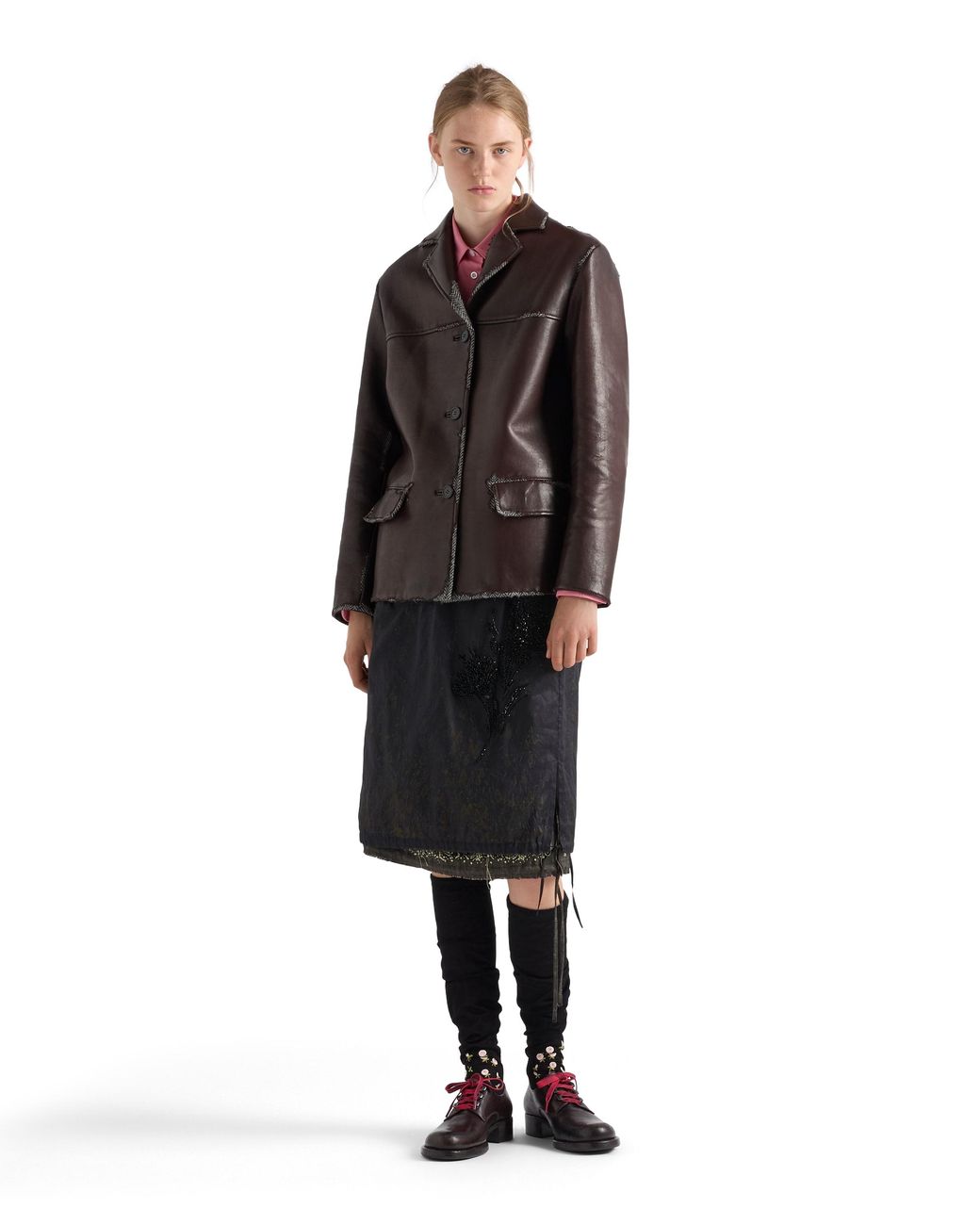 Prada Brown Bonded Nappa Leather And Chevron Shetland Wool Jacket