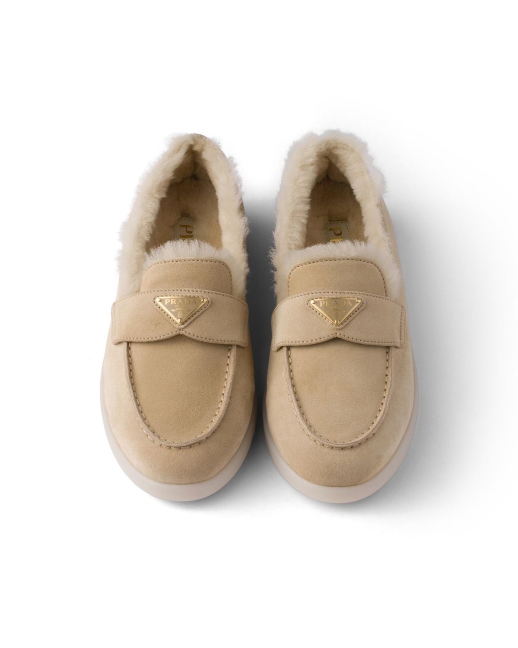 Prada White Suede And Shearling Loafers