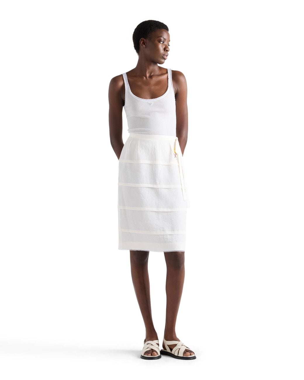Prada White Embroidered Slubbed Linen Skirt
