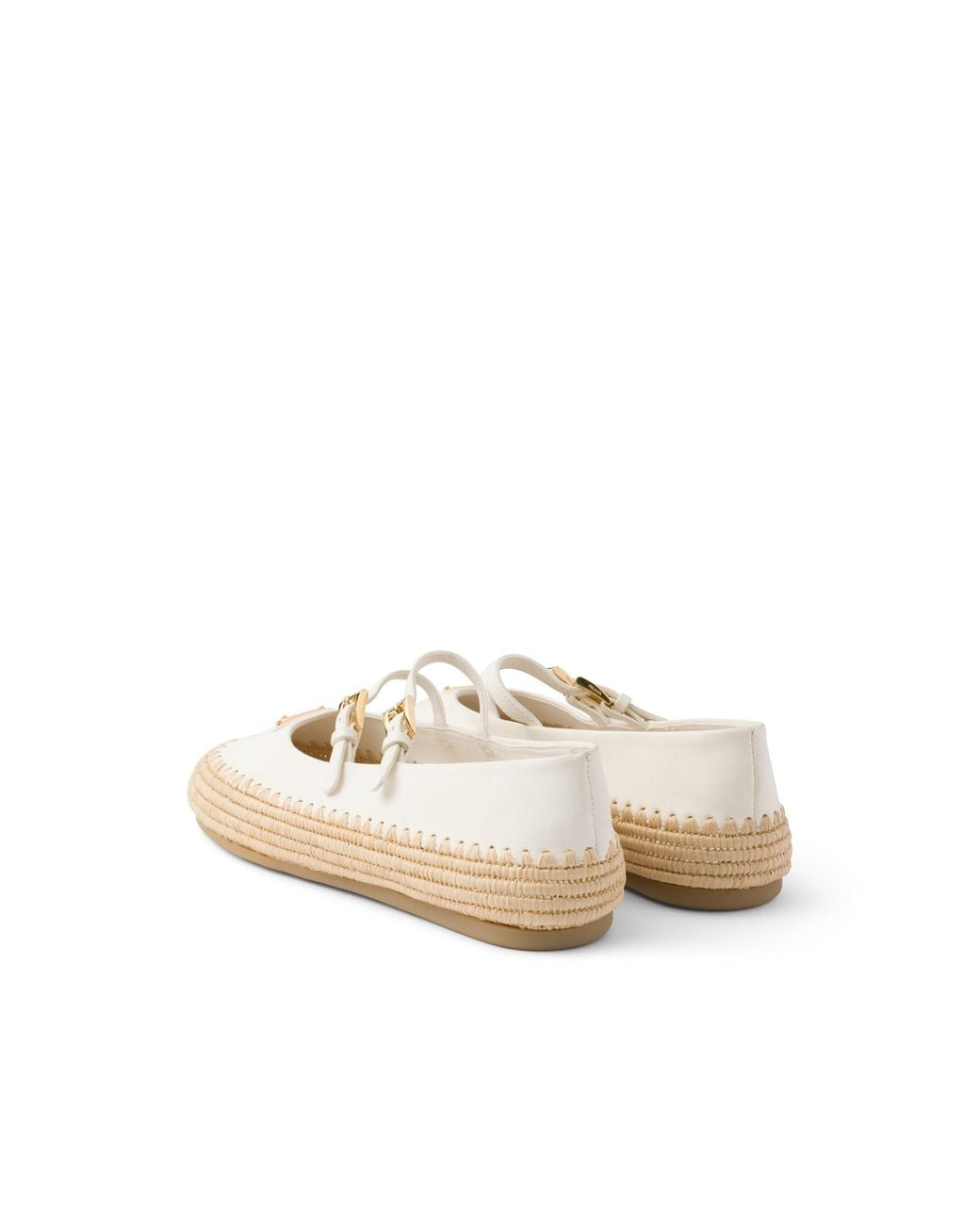 Prada White Logo Leather & Raffia Ballet Flat
