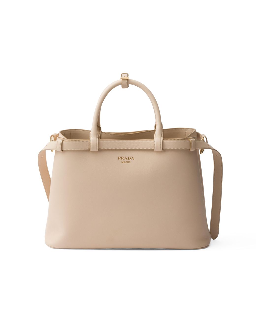 Prada Natural Buckle Medium Leather Handbag With Double Belt