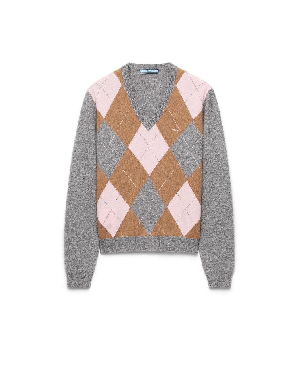 Prada White Argyle Cashmere V-Neck Sweater, /Camel