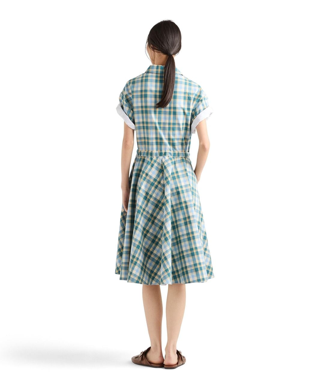 Prada Blue Embroidered Checked Cotton Dress, Natural