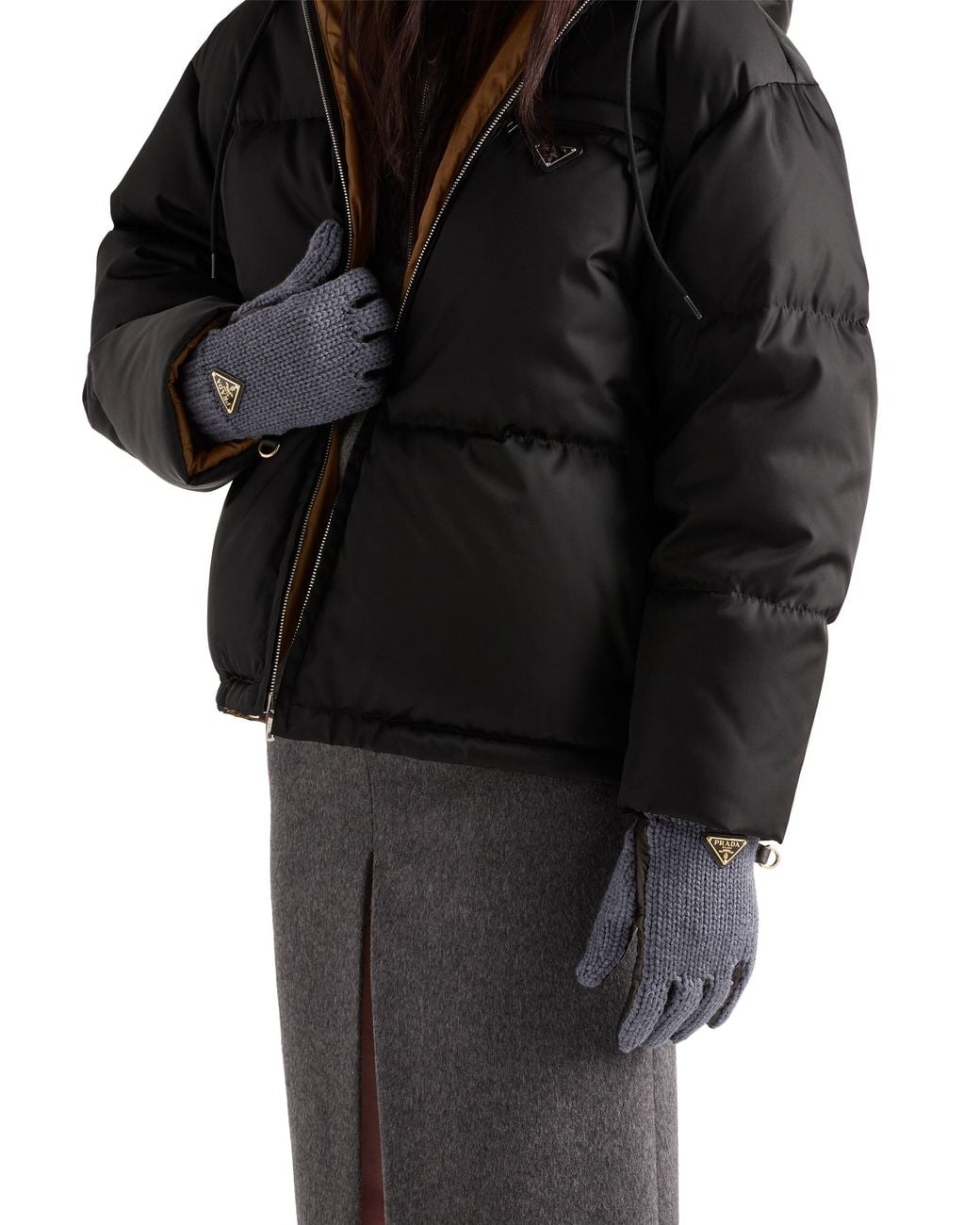 Prada Blue Wool And Nappa Leather Gloves, Slate