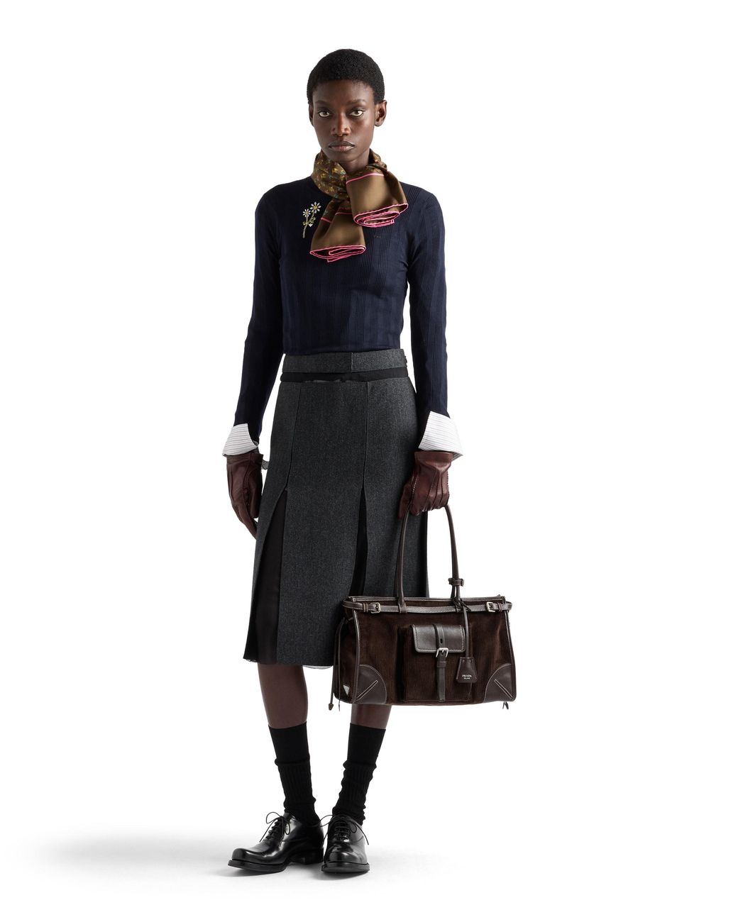 Prada Black Bonnie Large Corduroy And Leather Handbag