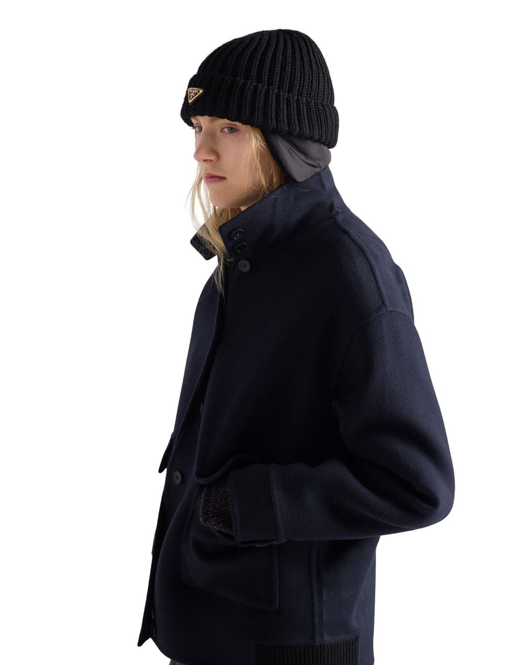 Prada Black Triangle-Logo Knitted Beanie Hat