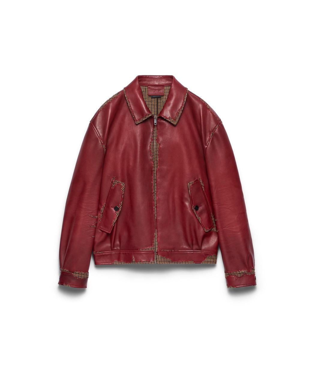 Prada Red Bonded Nappa Leather And Houndstooth Check Fabric Jacket, Ruby