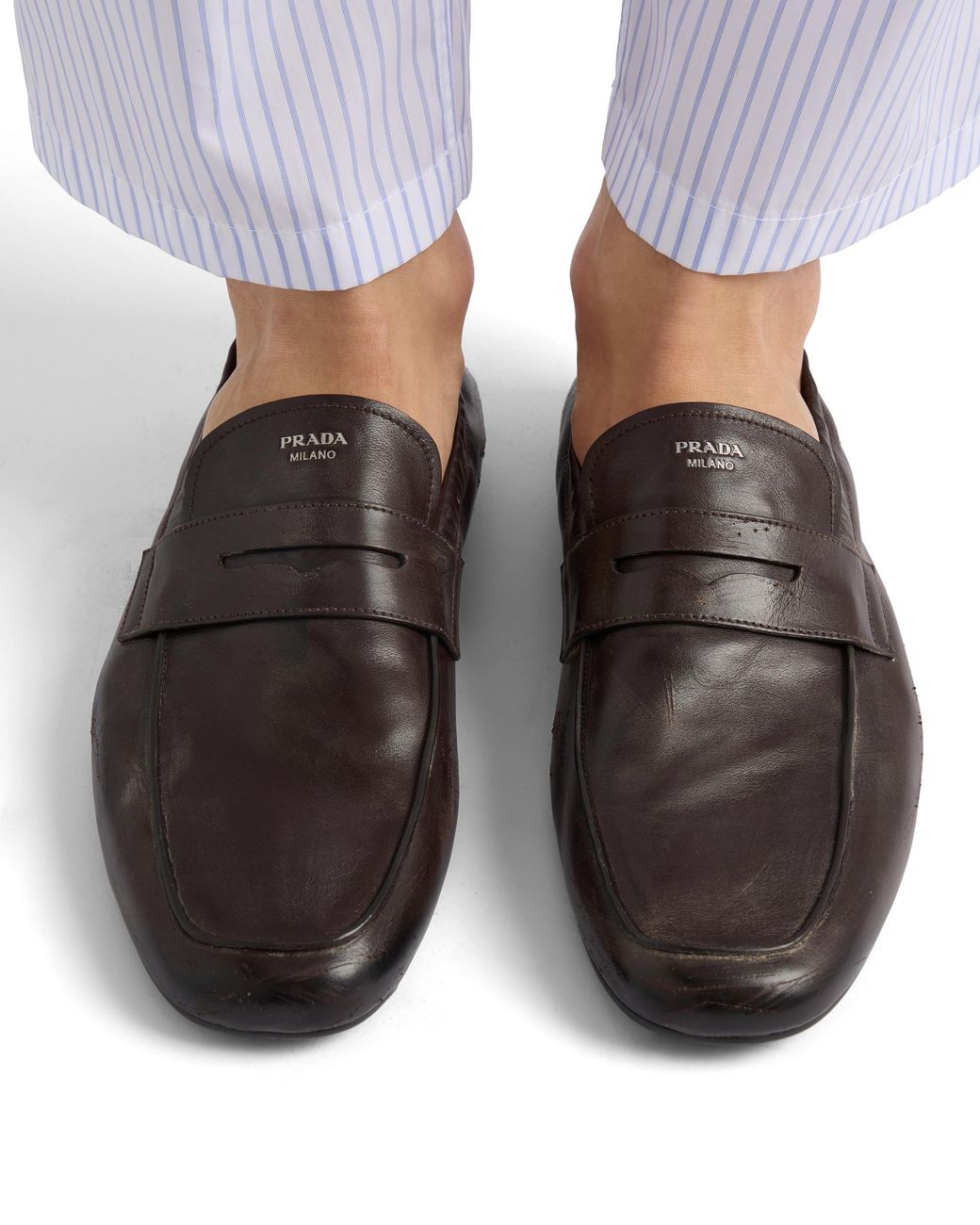Prada White Shuffle Antiqued Leather Loafers for men