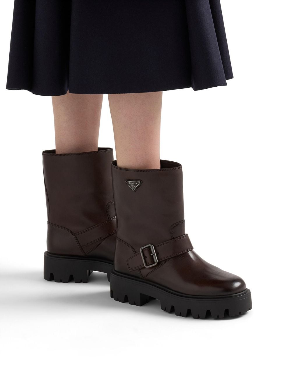 Prada Brown Stride Leather Mid-Calf Boots, Teak