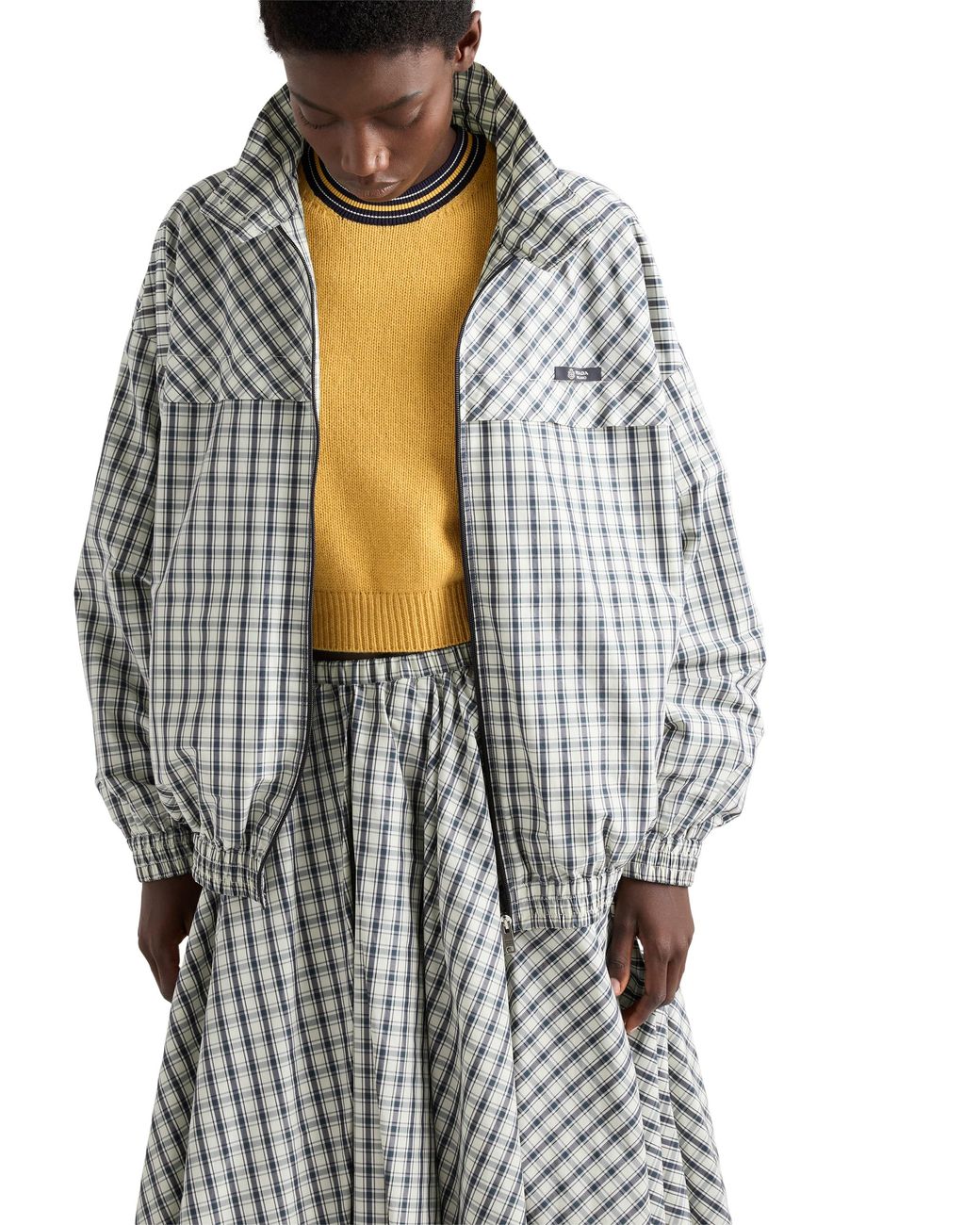 Prada Gray Checked Chambray Blouson Jacket, Ivory
