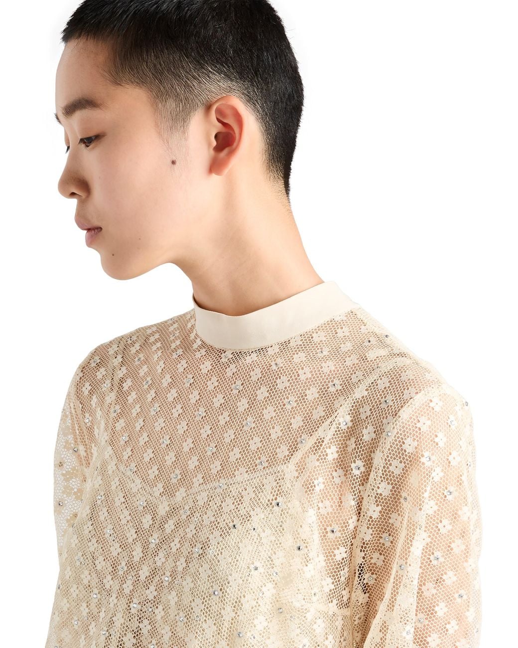 Prada White Embroidered Lace Top, Natural