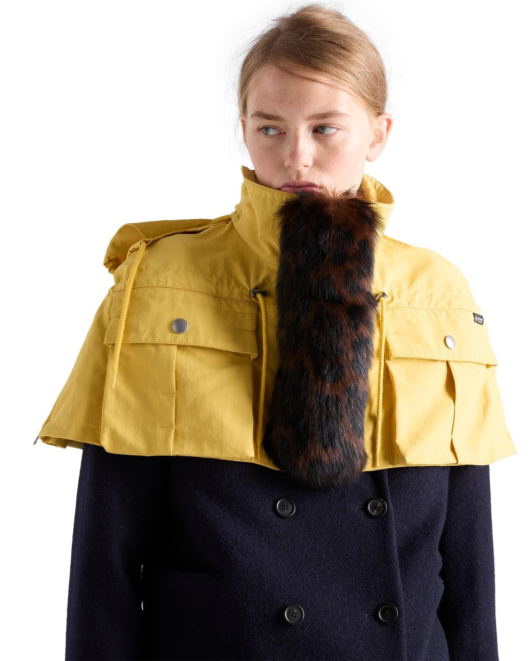 Prada Yellow Technical Fabric Capelet With Shearling Trim