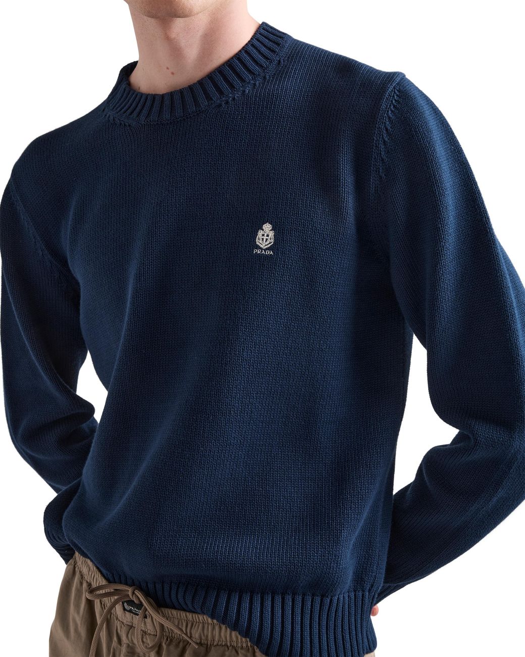 Prada Blue Cotton Crew-Neck Sweater for men