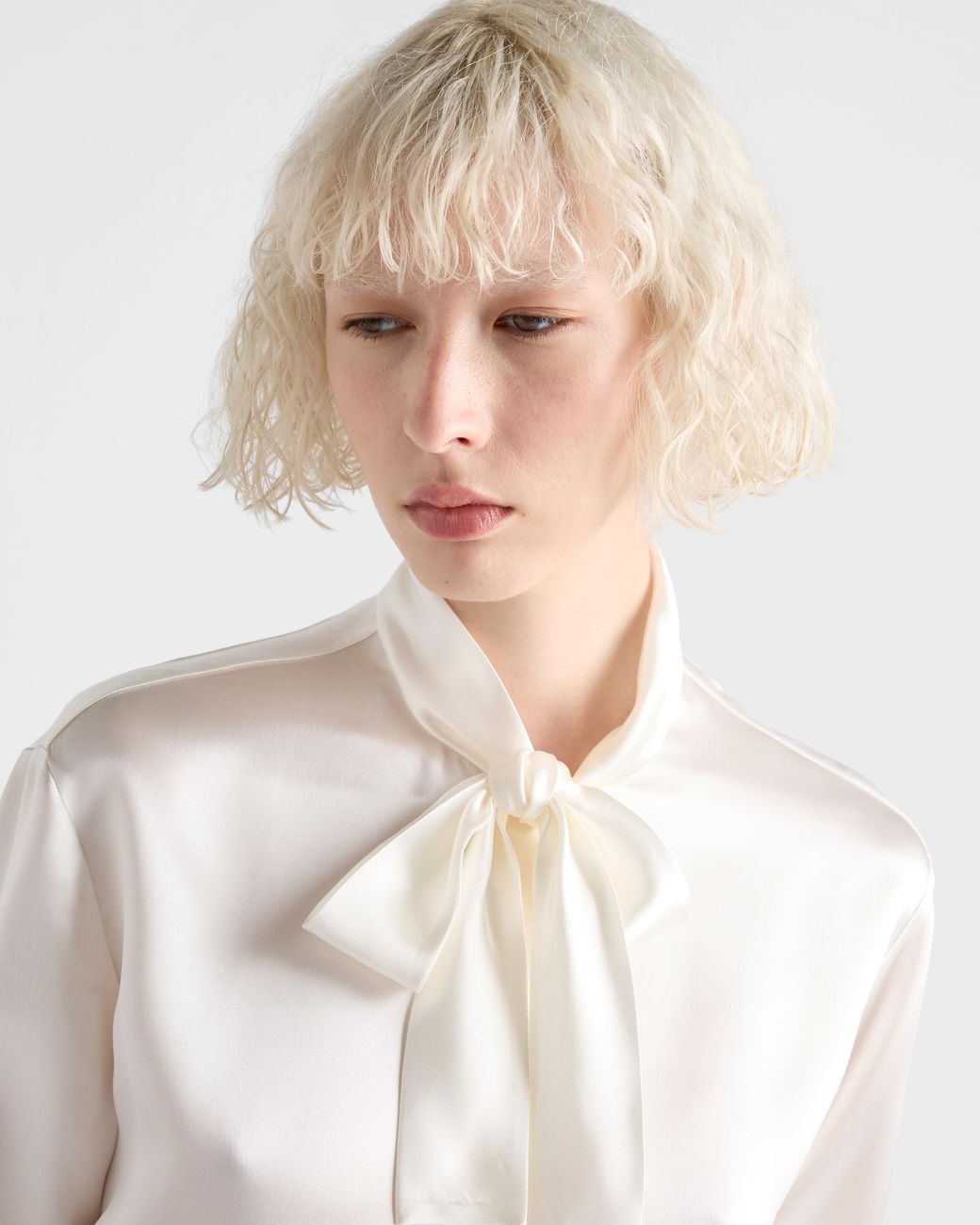 Prada Natural Satin Bow-Neck Button-Down Blouse