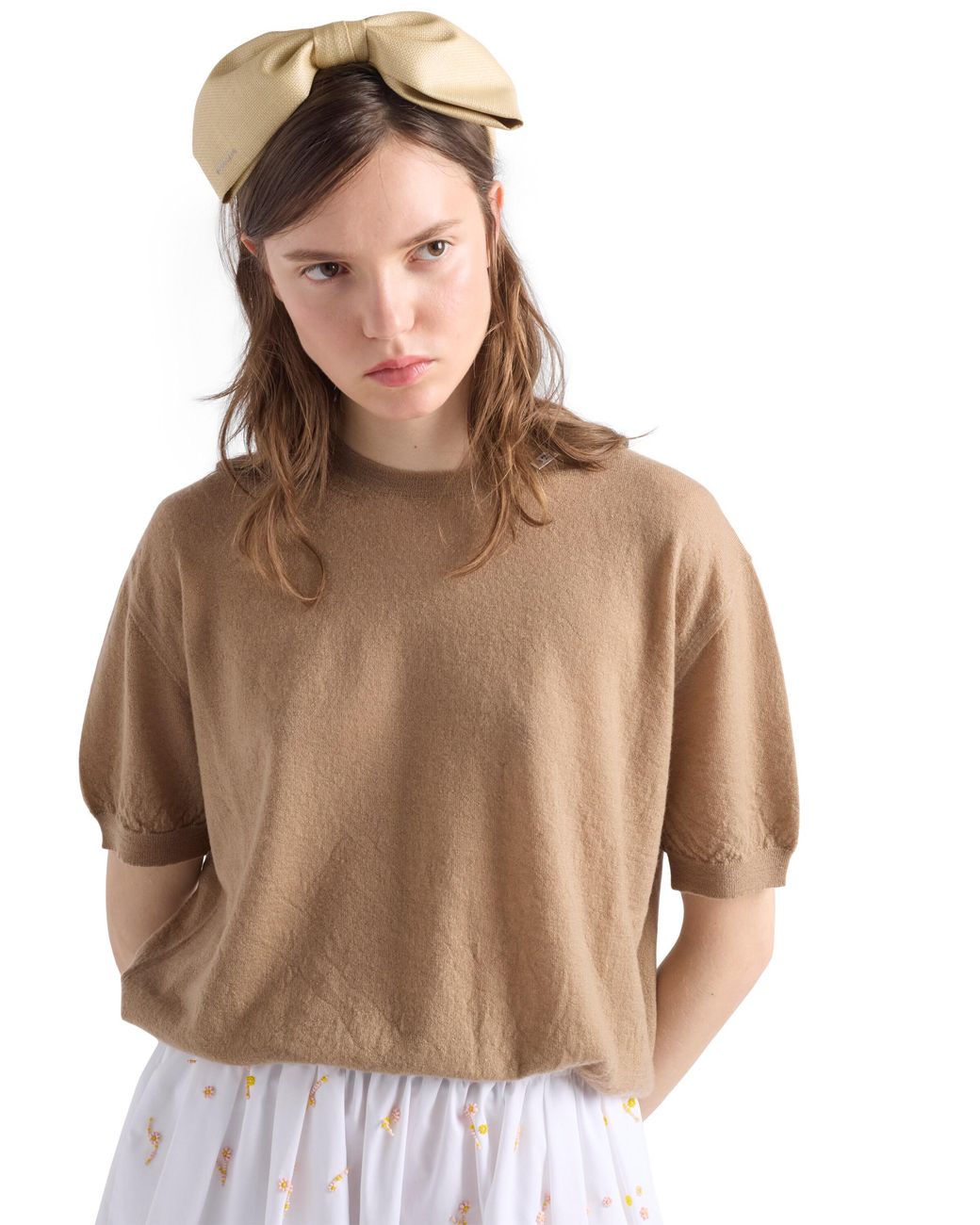 Prada Natural Short-Sleeved Cashmere Sweater, Desert