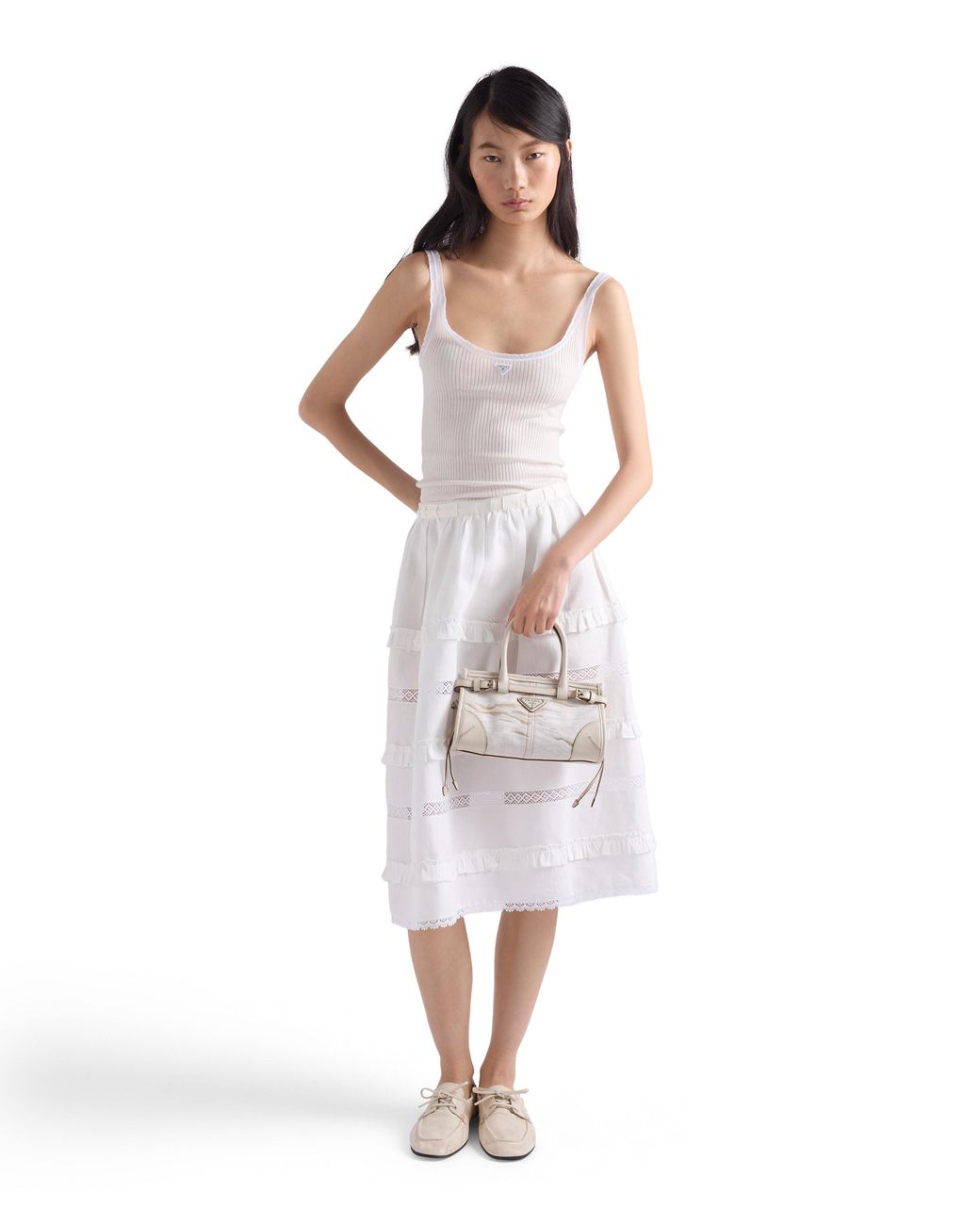 Prada White Bonnie Small Printed Linen And Leather Handbag