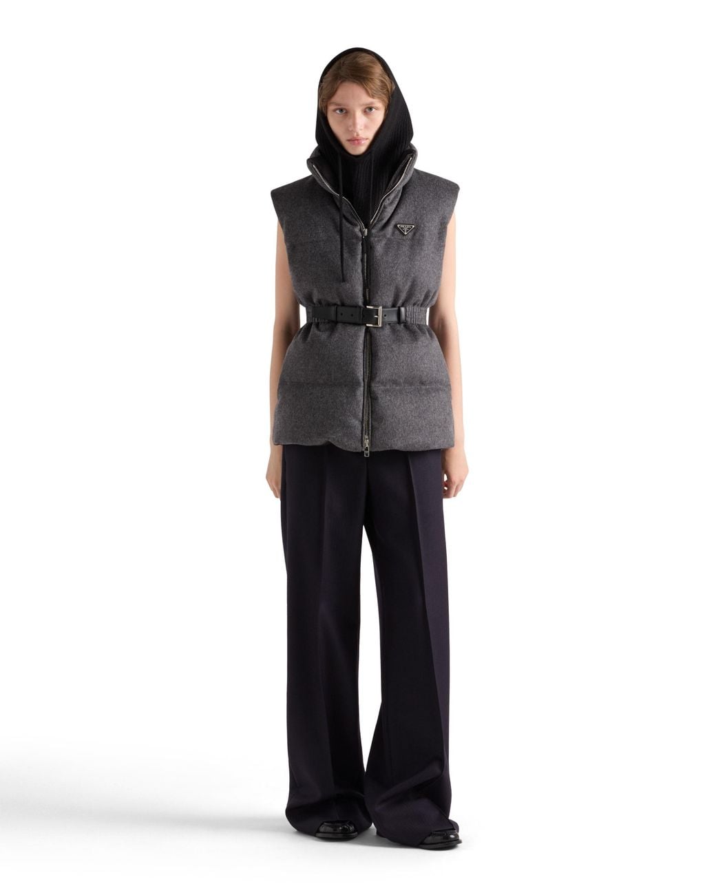 Prada Gray Wool Belted Down Gilet