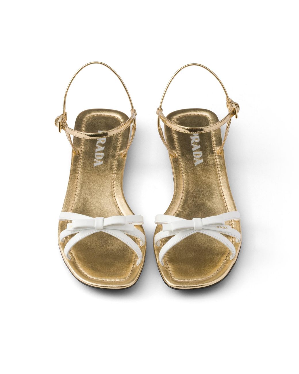 Prada White Flat Patent And Metallic Leather Sandals