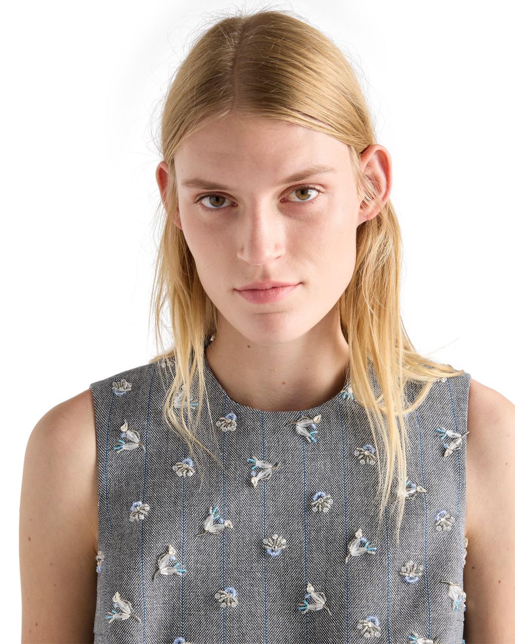 Prada Gray Embroidered Pinstripe Mini-Dress