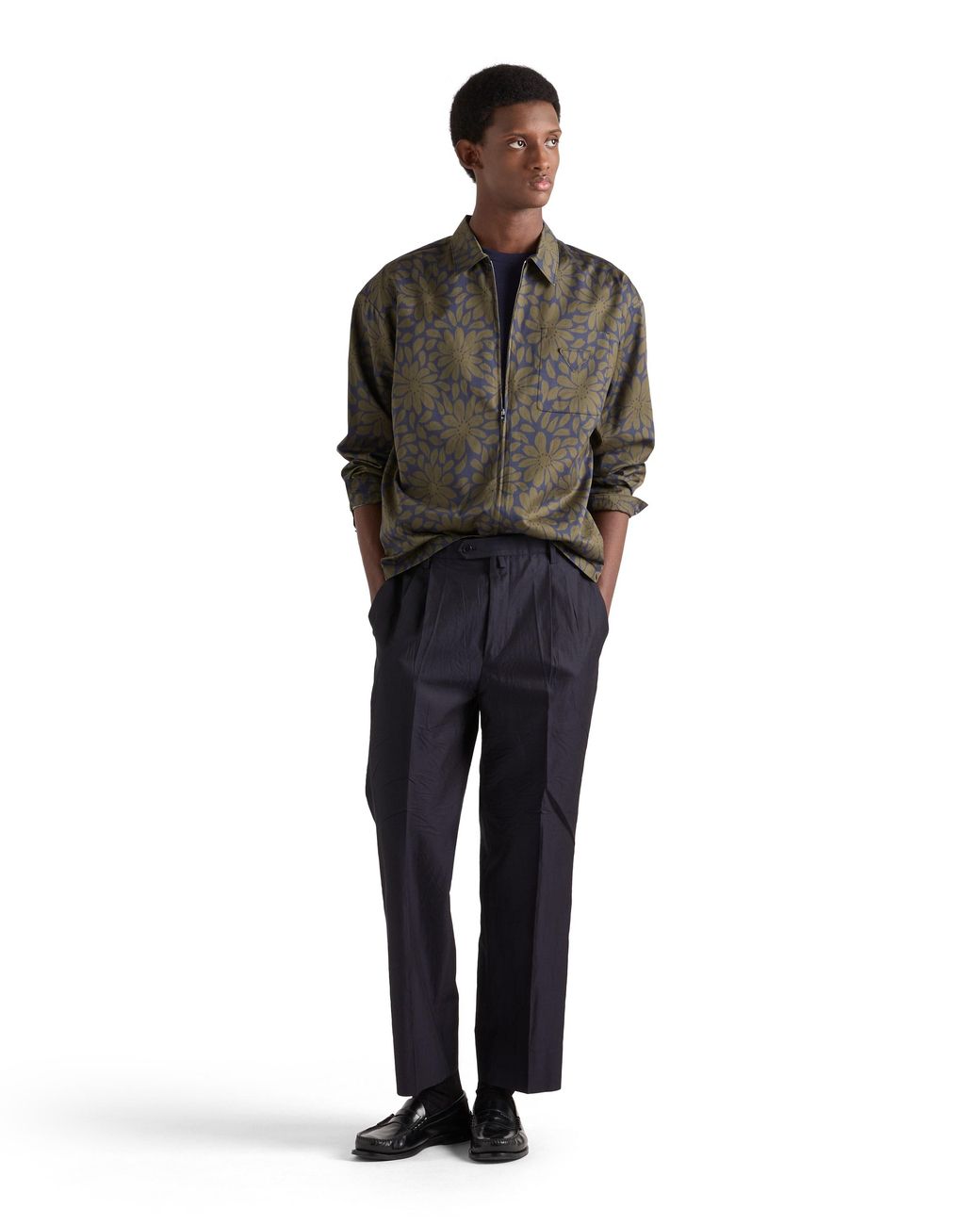 Prada Gray Printed Cotton Blend Zipper Shirt for men
