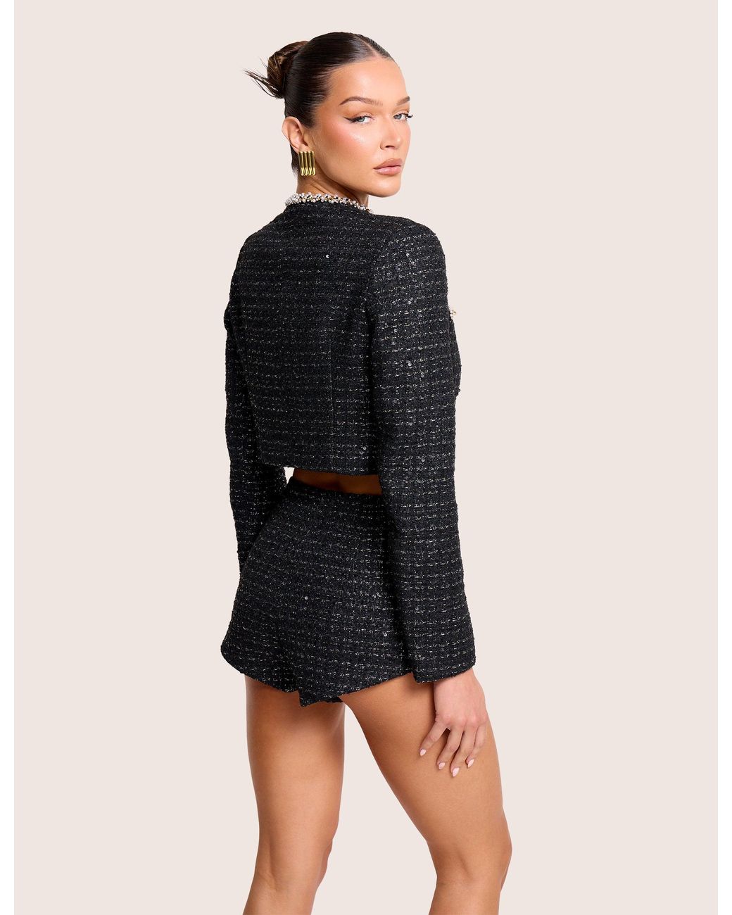 Public Desire Cropped Long Sleeve Boucle Gold Button Detail Blazer Black