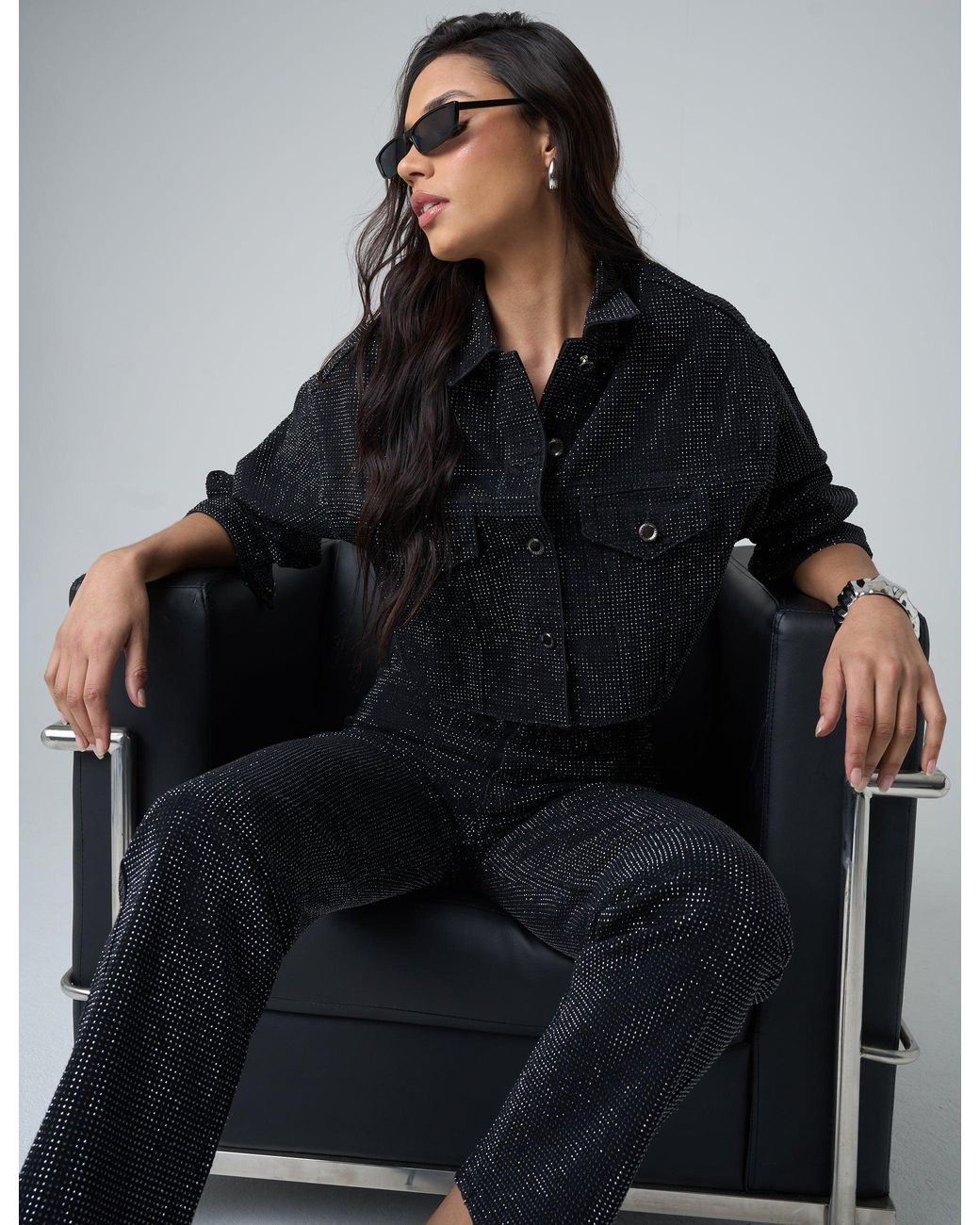 Public Desire Multicolor Diamante Straight Fit High Rise Denim Jeans Black