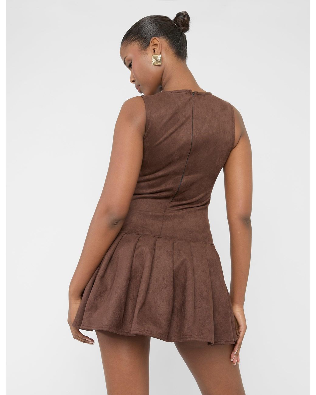 Public Desire Suedette Buckle Detail Pleated Mini Dress Brown