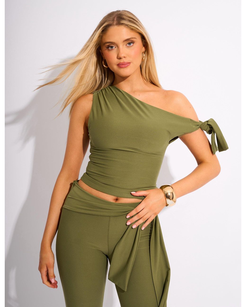 Public Desire Green Knot Detail Asymmetric One Shoulder Luxe Slinky Top Khaki