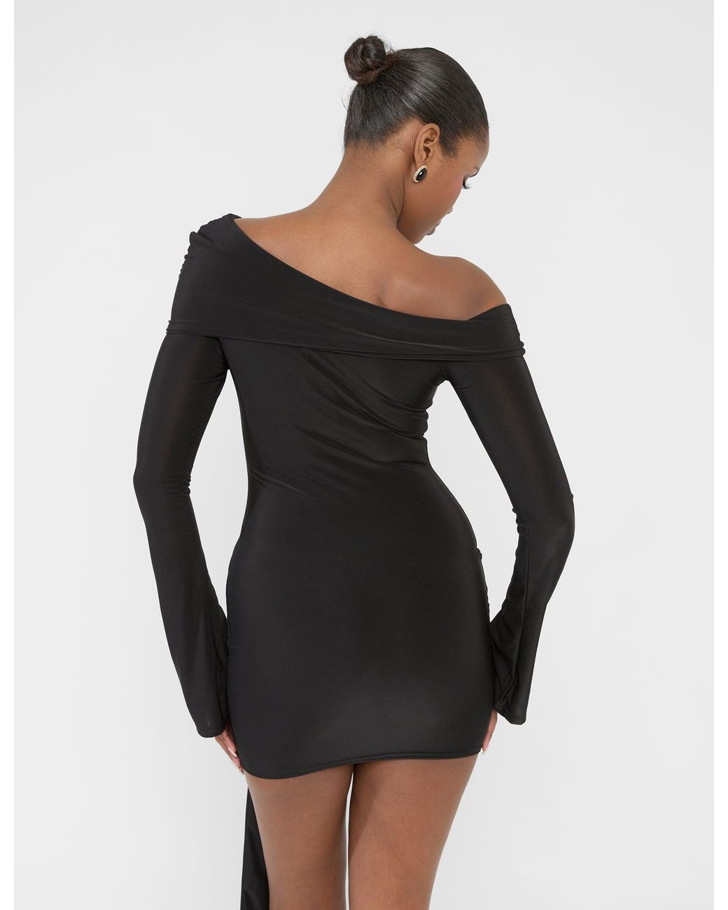 Public Desire Knot Drape Detail Slinky Long Sleeve Mini Dress Black