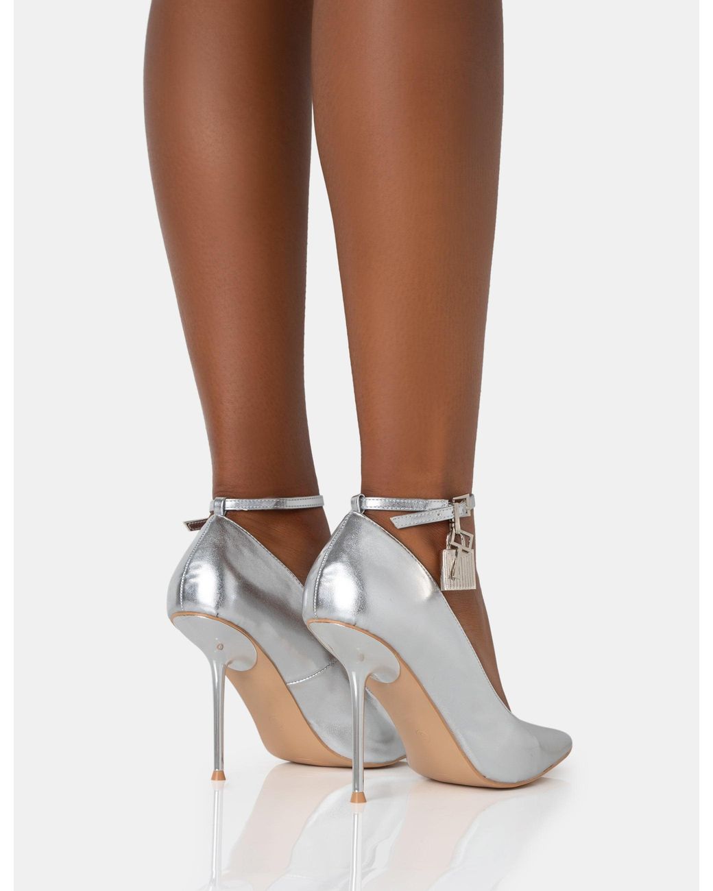Public Desire Brown Lotty Metallic Silver Padlock Ankle Detail Court Stiletto Heels