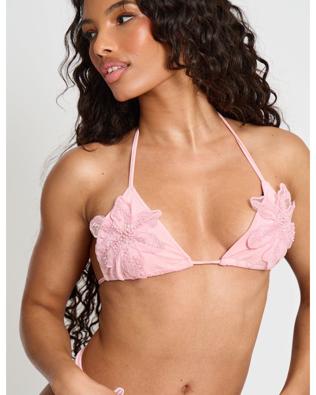 Public Desire Brown Bikini Top With Floral Corsage Pink